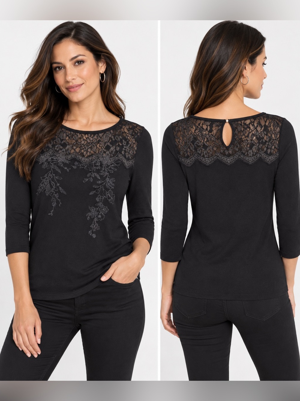 White House Black Market Black Lace Floral 3/4 Sleeve Top Size M